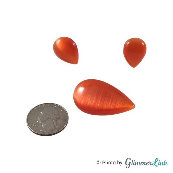 Cat's Eye Orange Glass Teardrop Gold Tone Brooch Earrings Jewelry Set - Picture 5 of 10